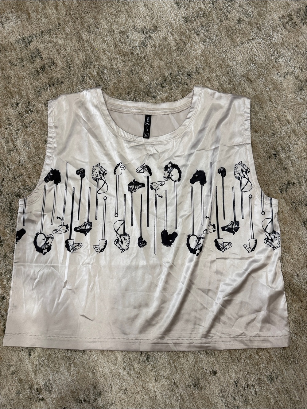 Ivory Satin Graphic Sleeveless Crop Top with Black Horse Prints